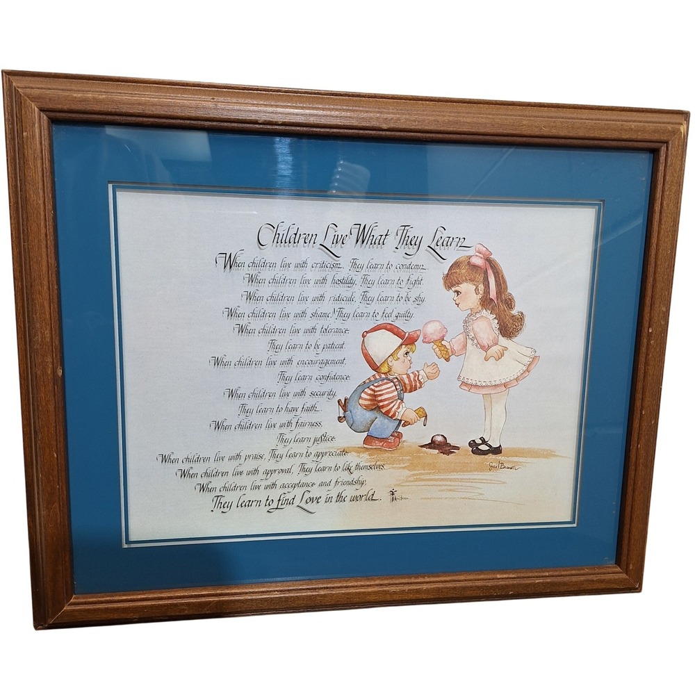 Vintage 80s Gail Brown Children Live What They Learn Framed Art Print 15x12 Wood